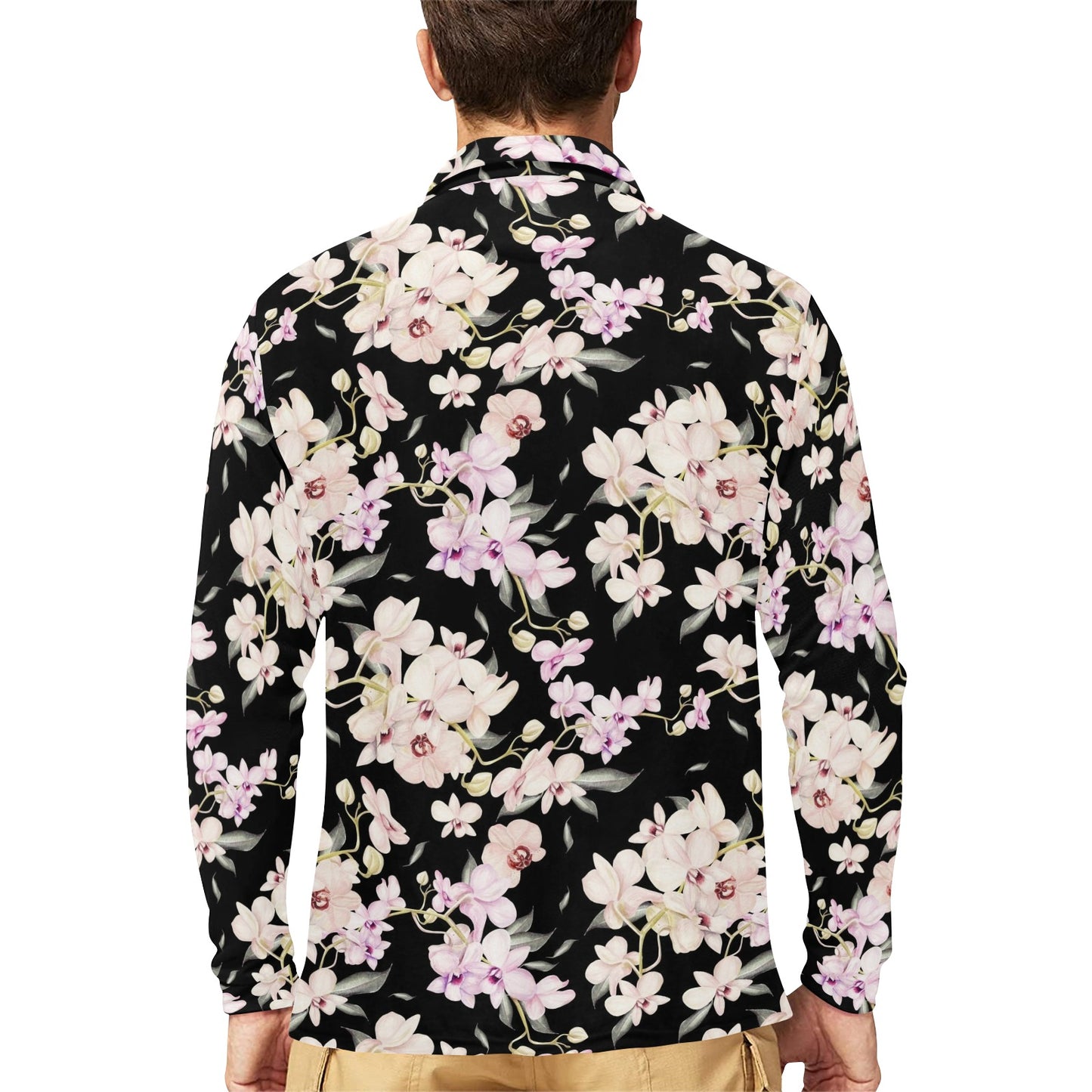 Orchid White Pattern Print Design OR03 Long Sleeve Polo Shirt For Men's