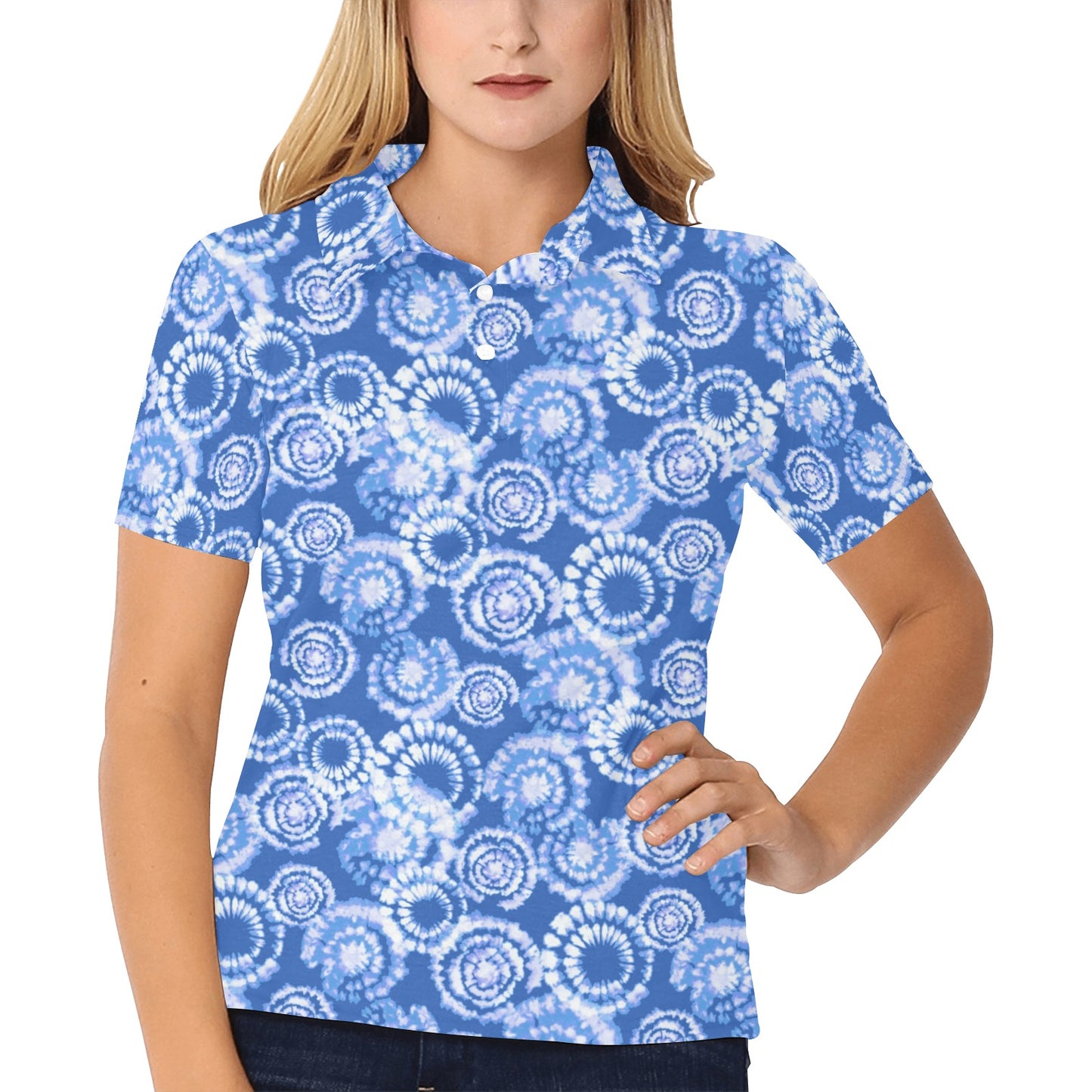 Tie Dye Blue Design Print Women's Polo Shirt