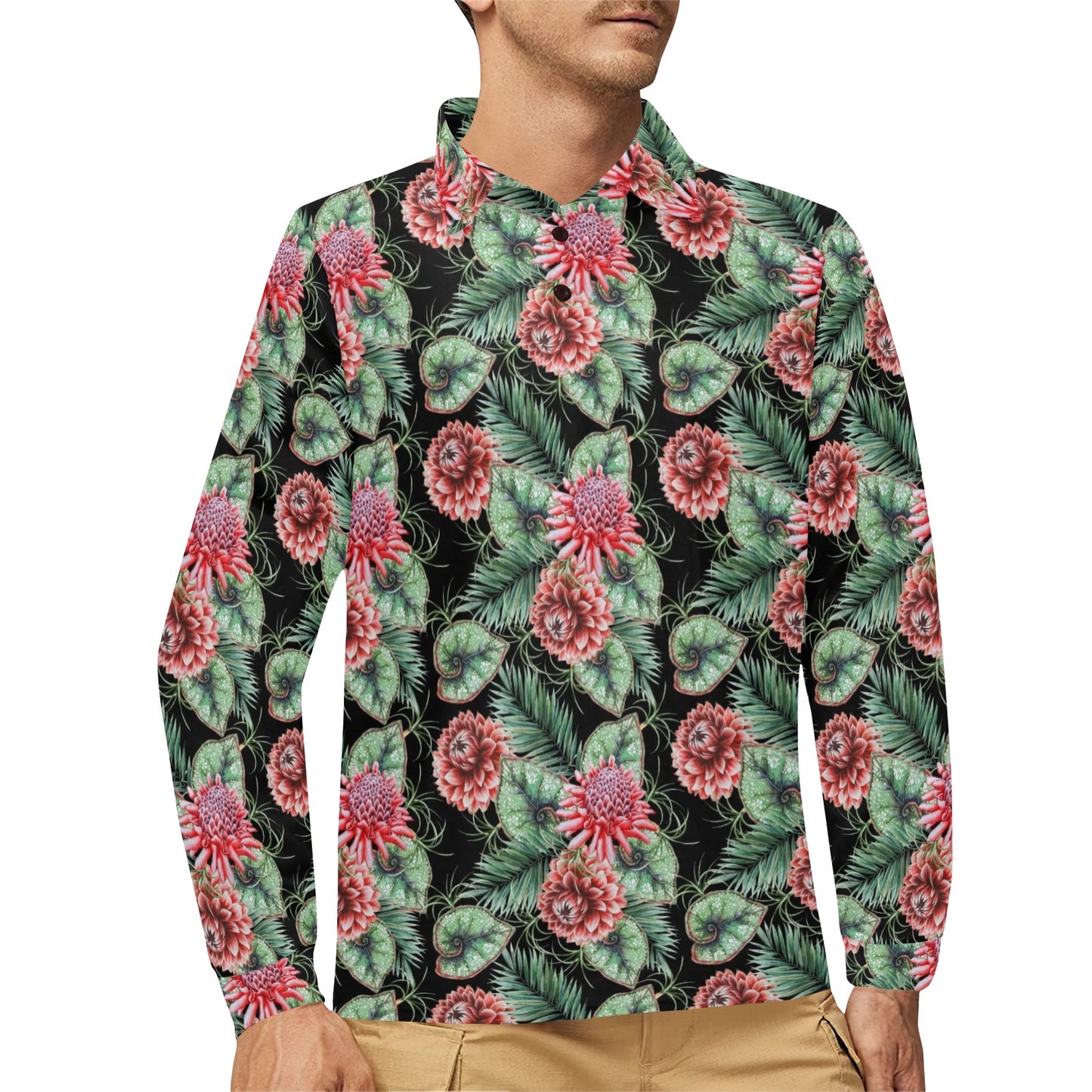 Dahlia Pattern Print Design DH06 Long Sleeve Polo Shirt For Men's