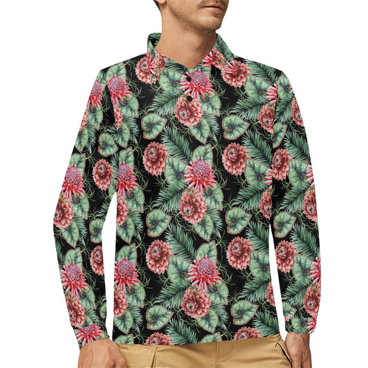 Dahlia Pattern Print Design DH06 Long Sleeve Polo Shirt For Men's