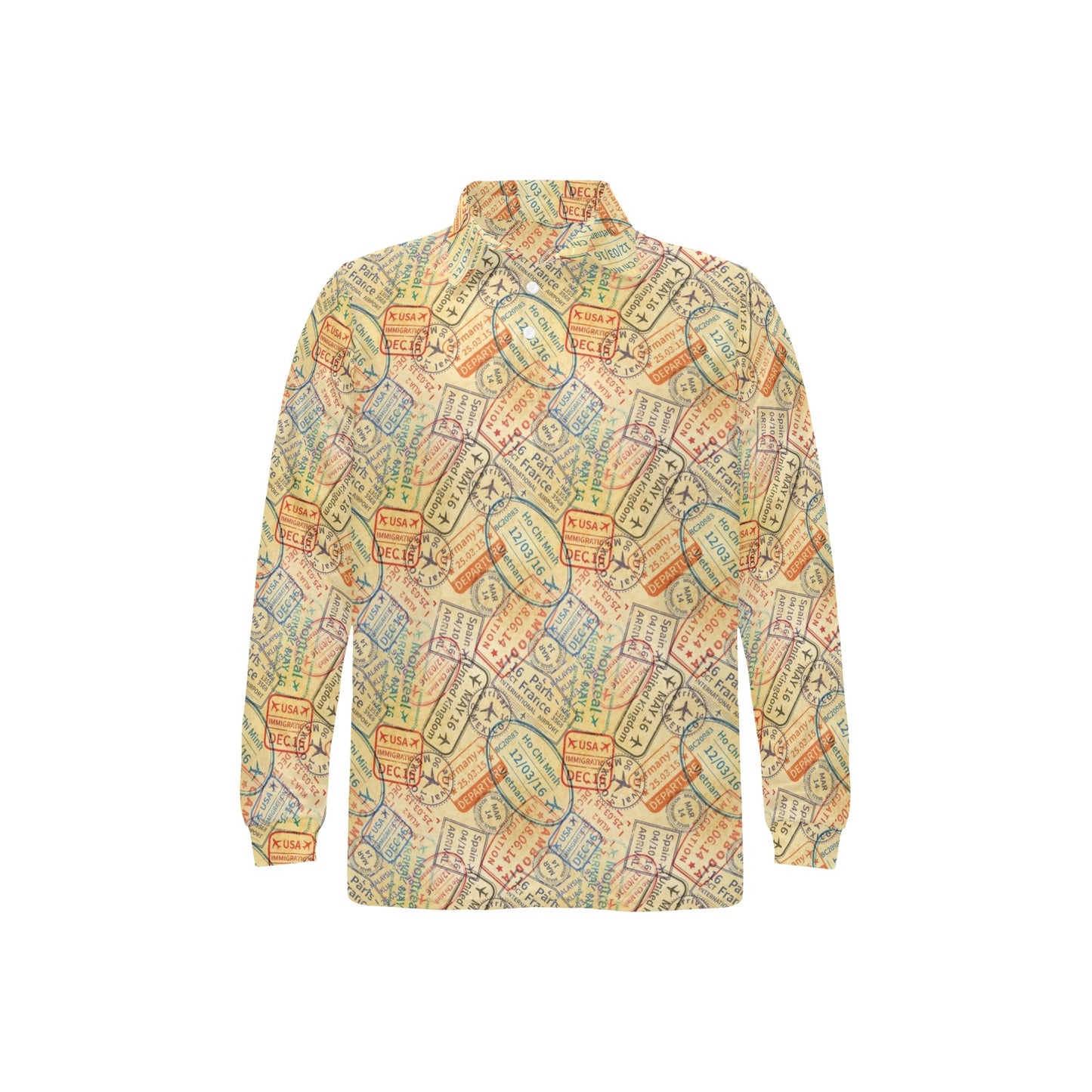 Travel Stamp Print Design LKS302 Long Sleeve Polo Shirt For Men's