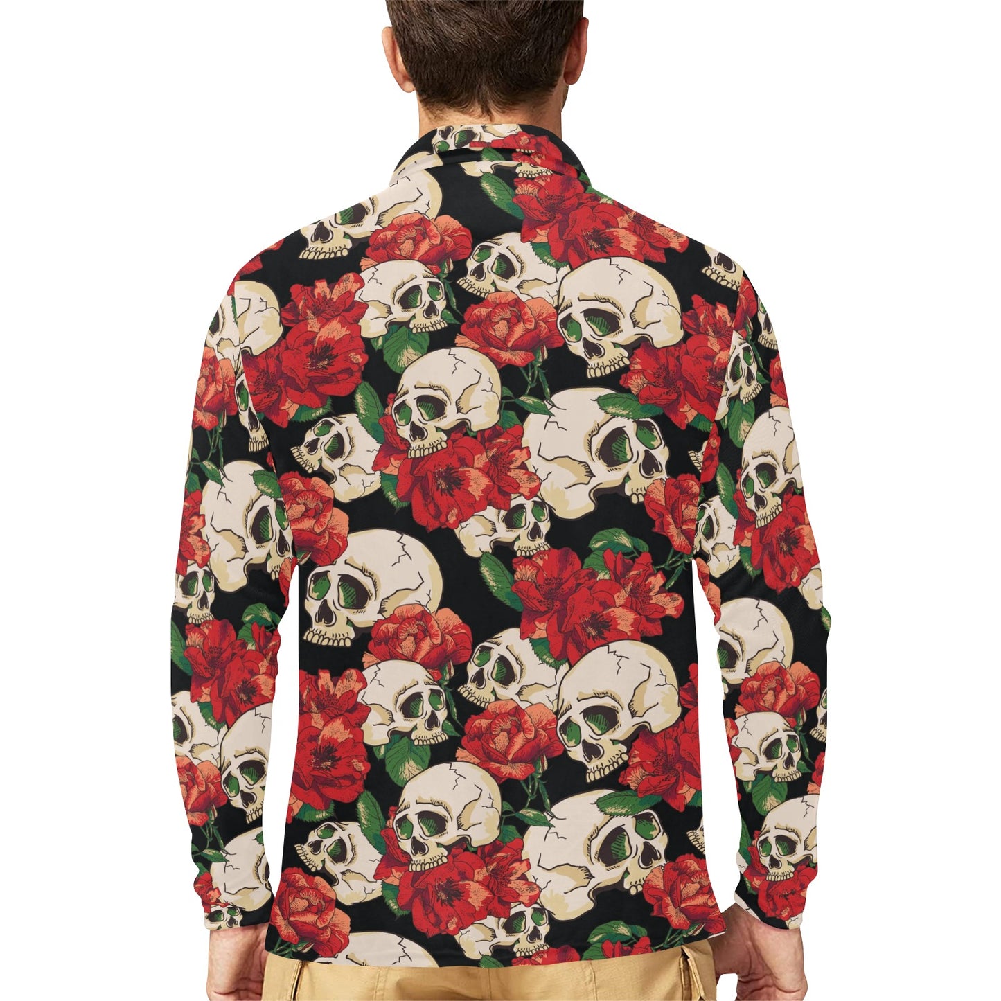 Skull Red Rose Long Sleeve Polo Shirt For Men's