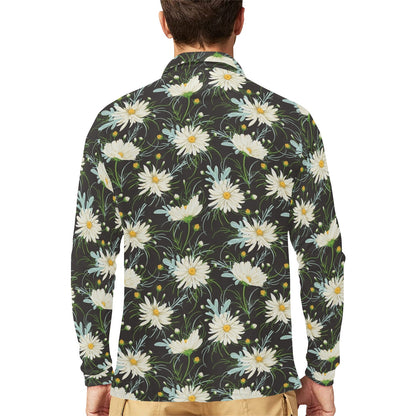 Daisy Pattern Print Design DS08 Long Sleeve Polo Shirt For Men's