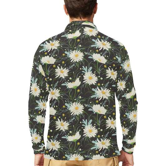 Daisy Pattern Print Design DS08 Long Sleeve Polo Shirt For Men's