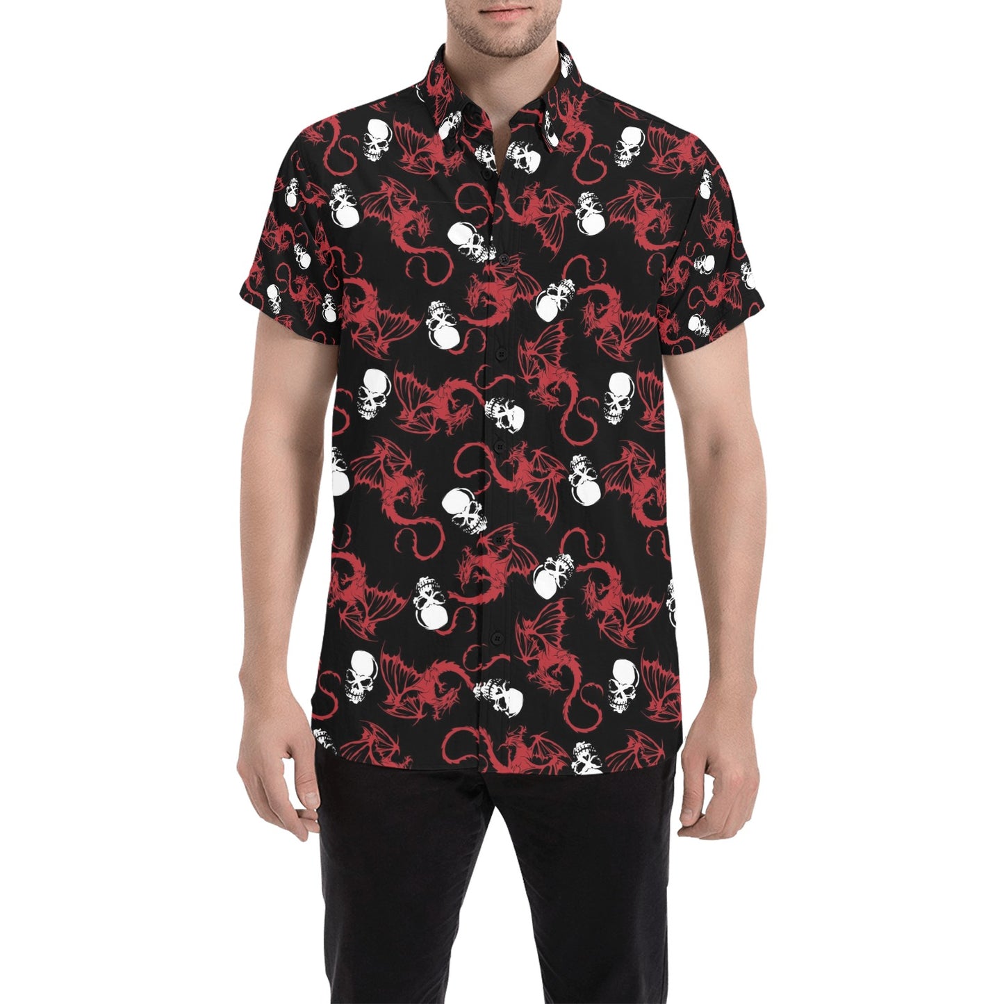 Skull With Red Dragon Print Design LKS304 Men Short Sleeve Button Up Shirt