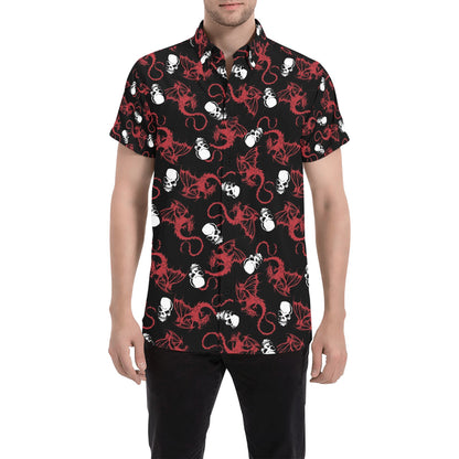 Skull With Red Dragon Print Design LKS304 Men Short Sleeve Button Up Shirt