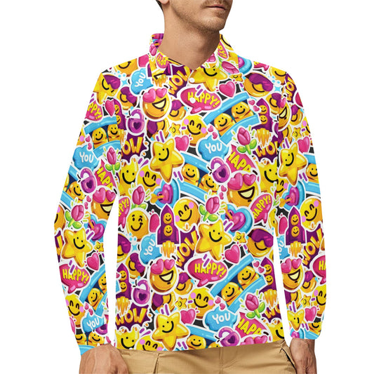 Emoji Sticker Print Pattern Long Sleeve Polo Shirt For Men's