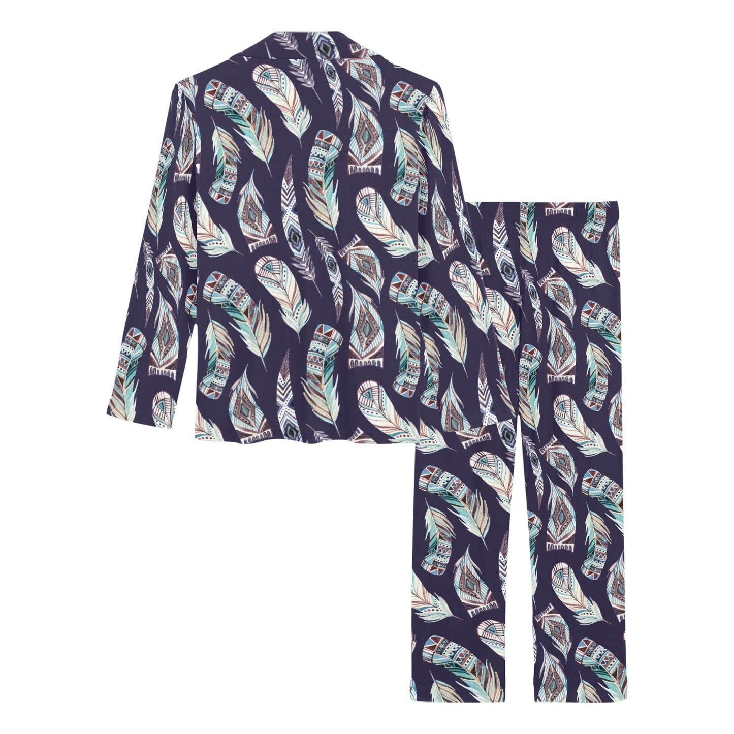 Feather Vintage Boho Design Print Women's Long Pajama Set