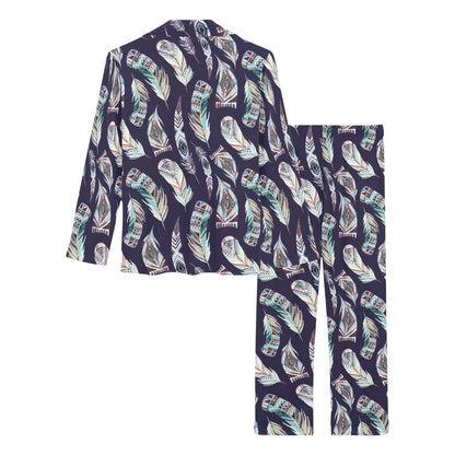 Feather Vintage Boho Design Print Women's Long Pajama Set