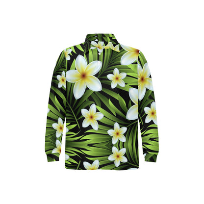 White Plumeria Pattern Print Design PM06 Long Sleeve Polo Shirt For Men's