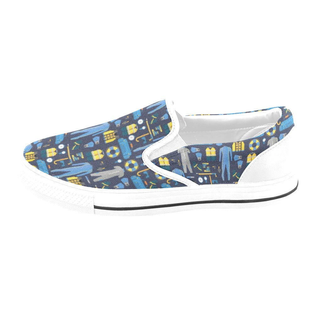 Scuba Equipment Print Design LKS305 White Slip Ons Canvas Women's Shoes