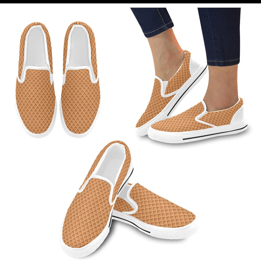 Waffle Texture Print Design LKS301 White Slip Ons Canvas Women's Shoes
