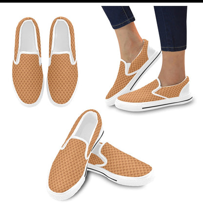Waffle Texture Print Design LKS301 White Slip Ons Canvas Women's Shoes