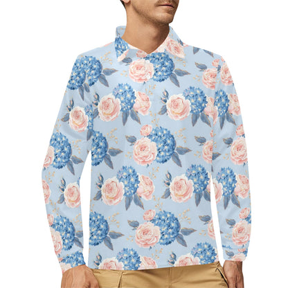 Hydrangea Pattern Print Design HD06 Long Sleeve Polo Shirt For Men's