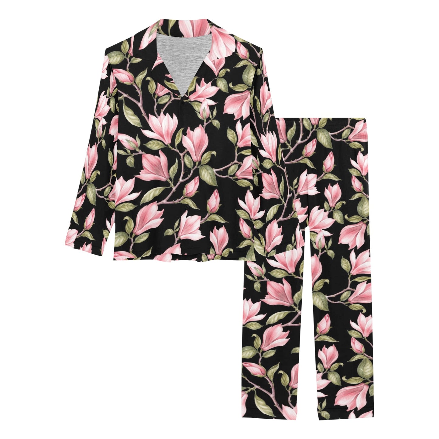 Magnolia Pattern Print Design MAG03 Women's Long Pajama Set