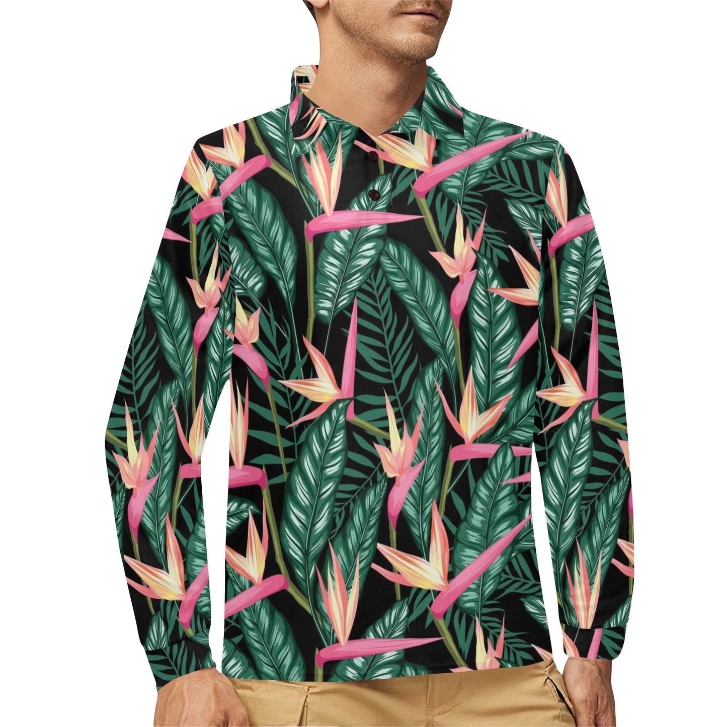 Bird Of Paradise Pattern Print Design BOP03 Long Sleeve Polo Shirt For Men's