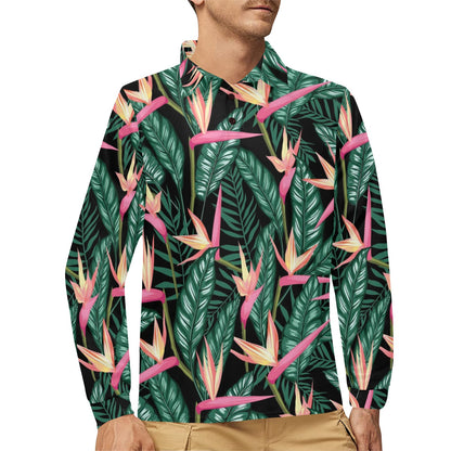 Bird Of Paradise Pattern Print Design BOP03 Long Sleeve Polo Shirt For Men's
