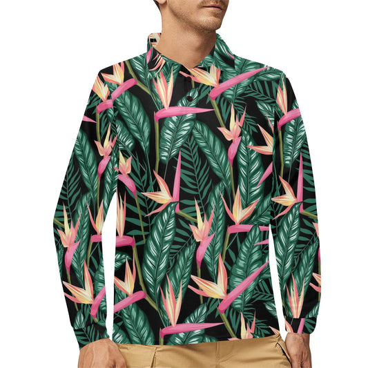 Bird Of Paradise Pattern Print Design BOP03 Long Sleeve Polo Shirt For Men's