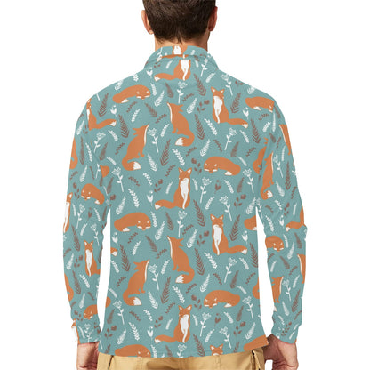 Fox Forest Print Pattern Long Sleeve Polo Shirt For Men's
