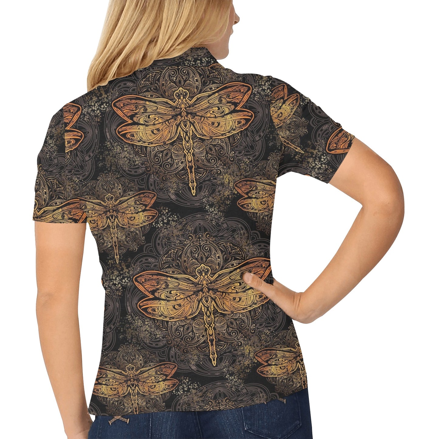 Gold Dragonfly Mandala Women's Polo Shirt