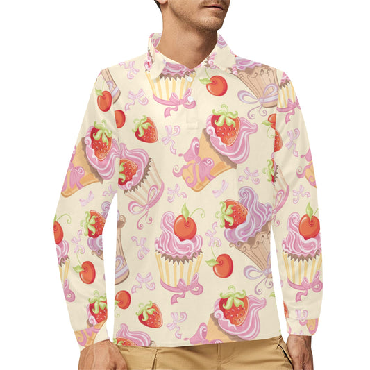 Strawberry Pink CupCake Long Sleeve Polo Shirt For Men's