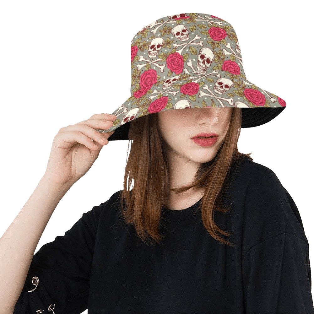 Skull Bone Rose Print Design LKS303 Unisex Bucket Hat