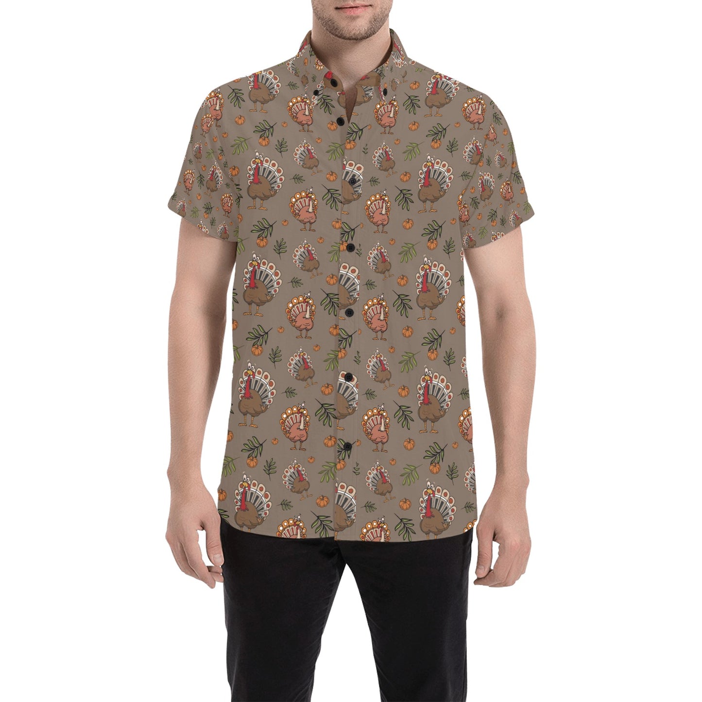 Thanksgiving Print Design LKS306 Men Short Sleeve Button Up Shirt
