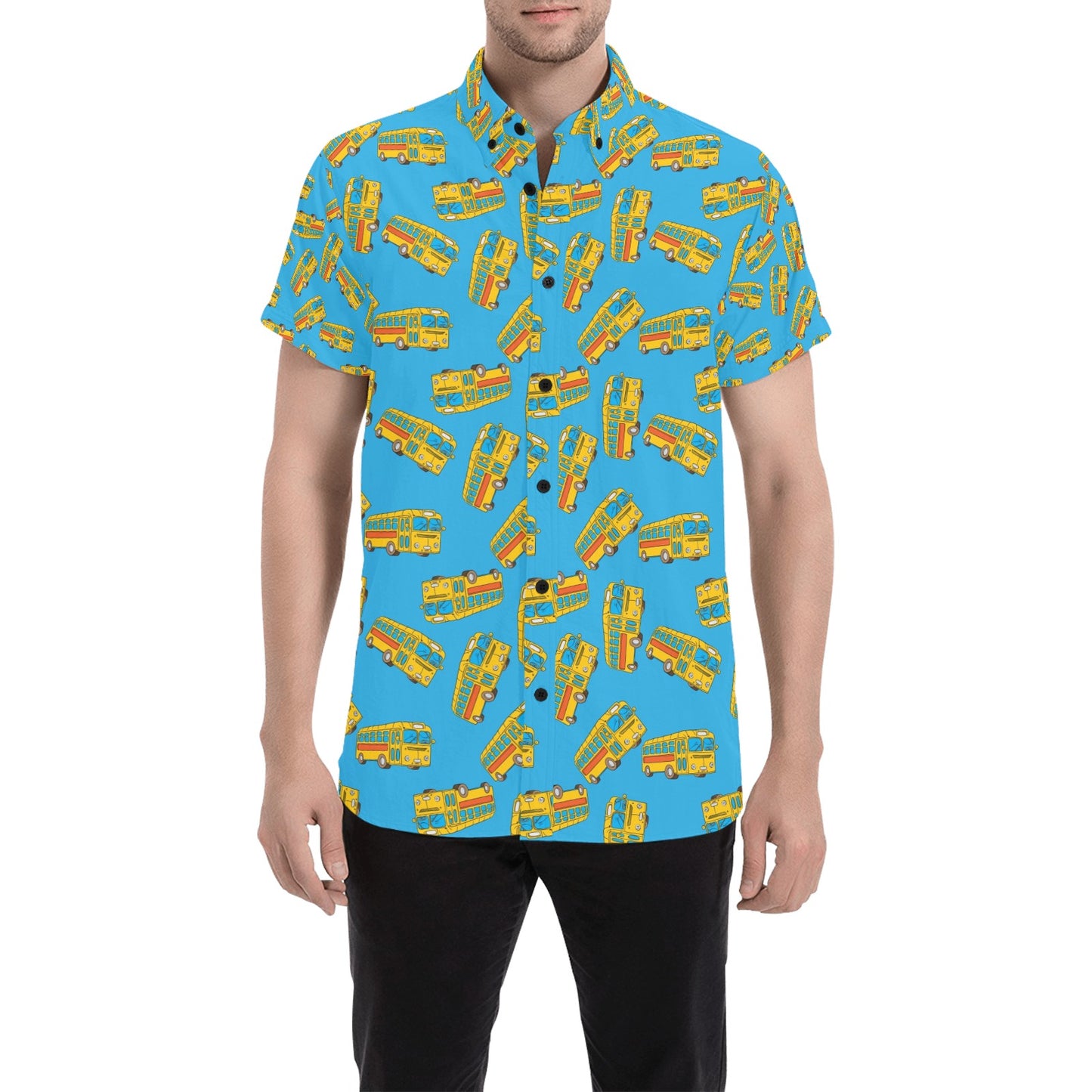 School Bus Print Design LKS302 Men Short Sleeve Button Up Shirt