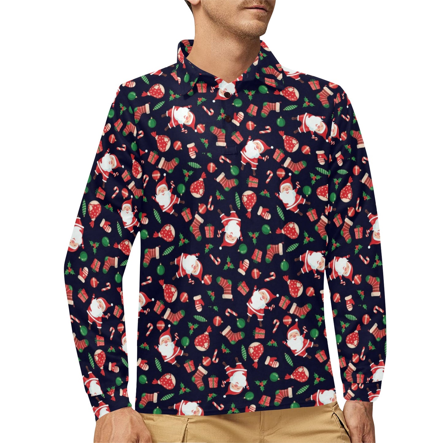 Santa Christmas Themed Print Design LKS304 Long Sleeve Polo Shirt For Men's