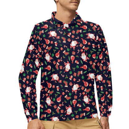 Santa Christmas Themed Print Design LKS304 Long Sleeve Polo Shirt For Men's