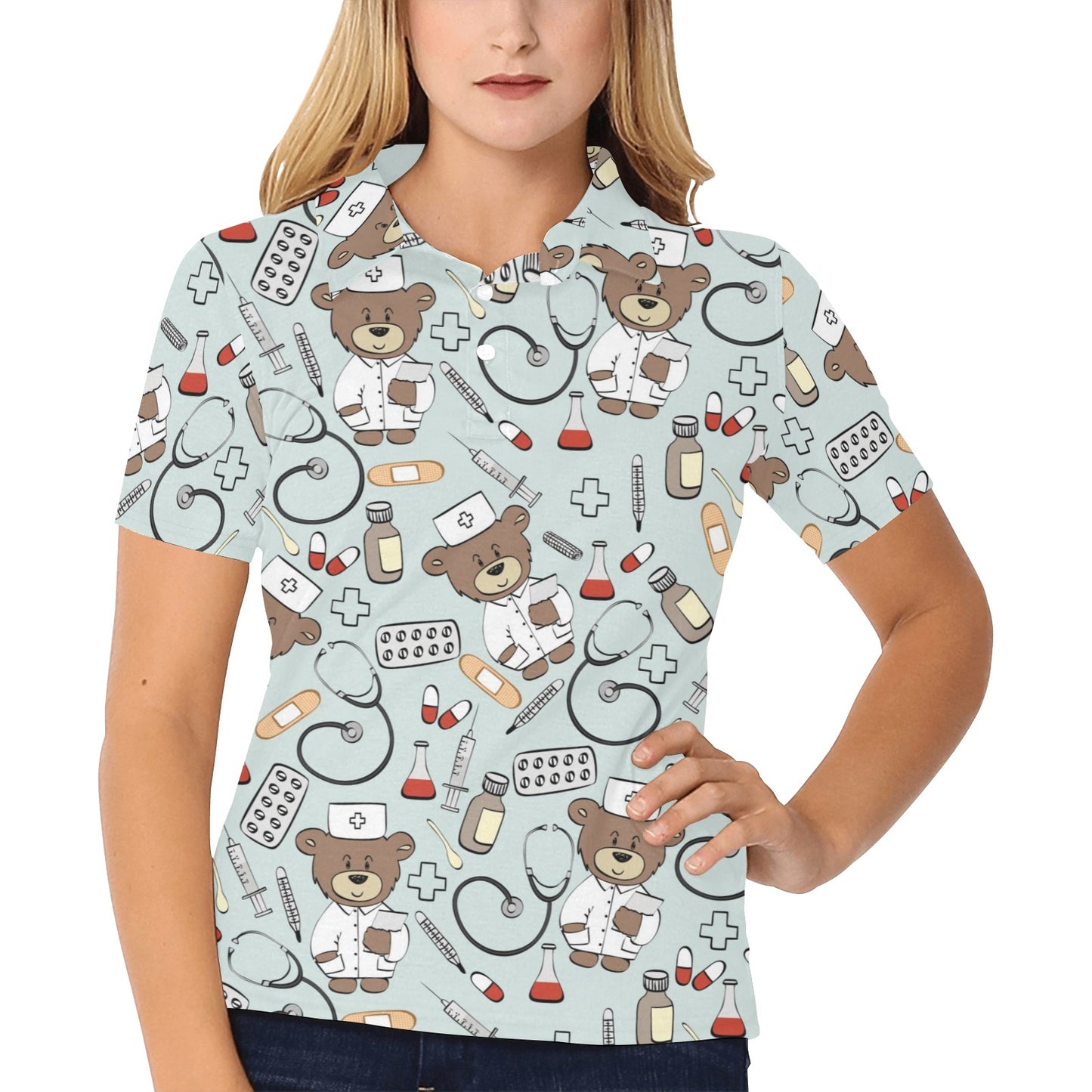 Nurse Bear Pattern Print Design A01 Women's Polo Shirt