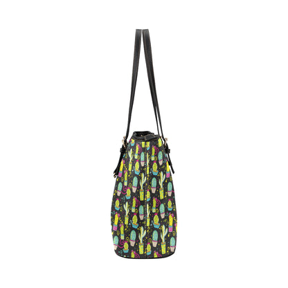 Cactus Neon Style Print Pattern Leather Tote Bag