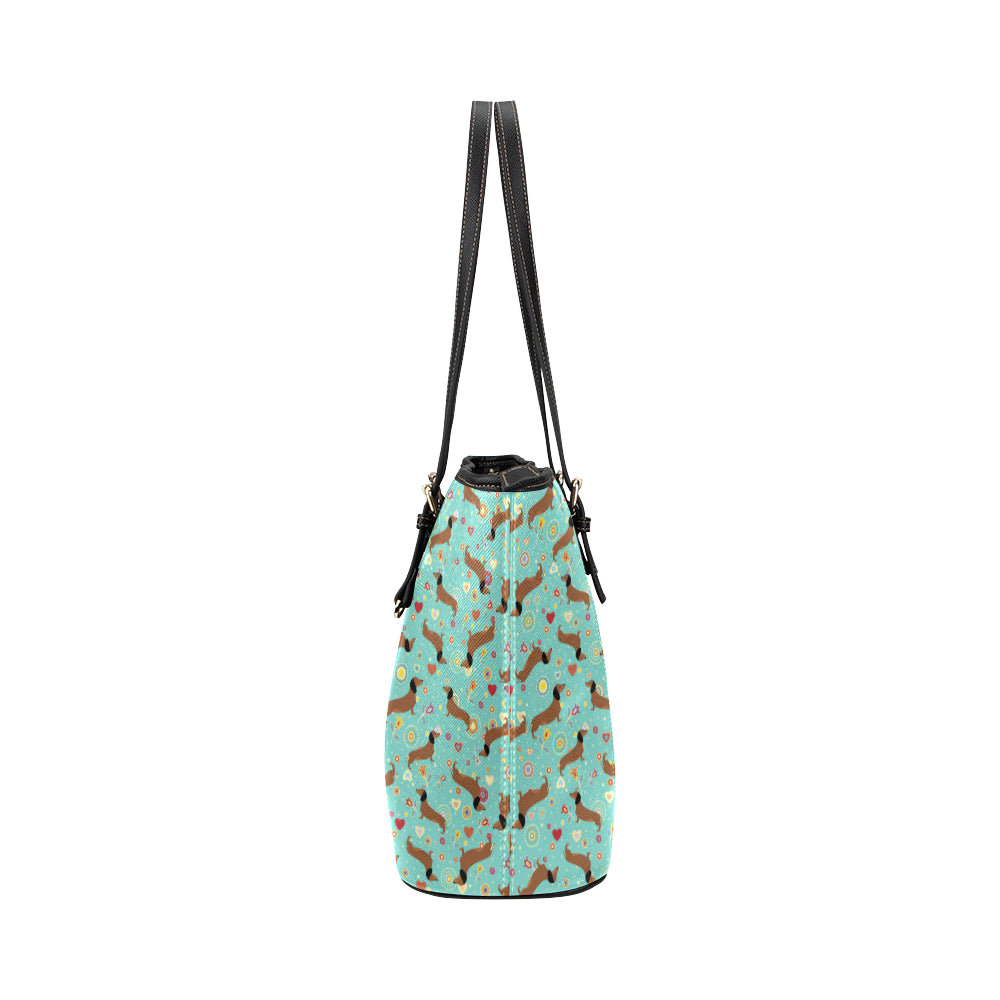 Dachshund with Floral Print Pattern Leather Tote Bag