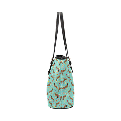 Dachshund with Floral Print Pattern Leather Tote Bag