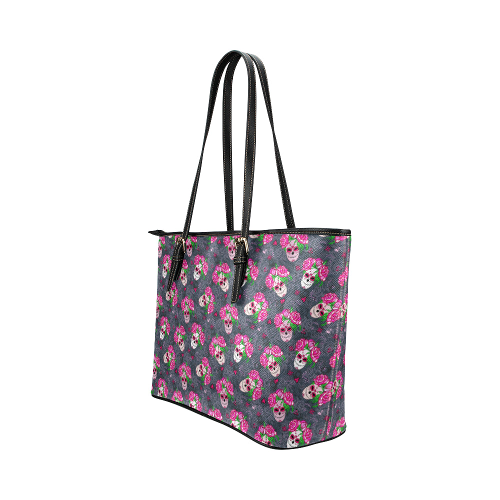 Sugar Skull Pink Rose Themed Print Leather Tote Bag