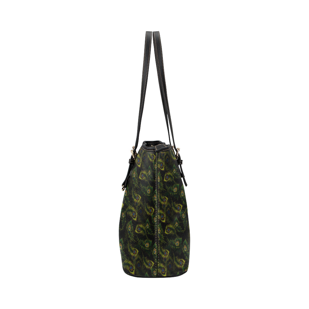 Peacock Feather Pattern Design Print Leather Tote Bag