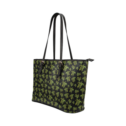 Green Tribal Turtle Polynesian Themed Leather Tote Bag