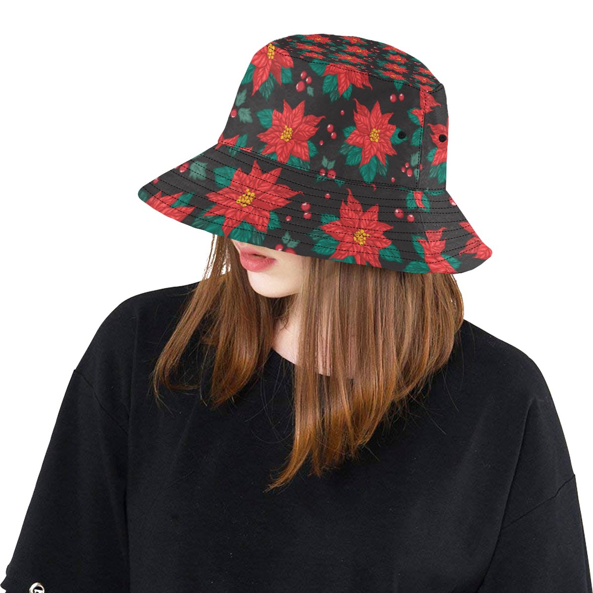 Poinsettia Pattern Print Design POT07 Unisex Bucket Hat