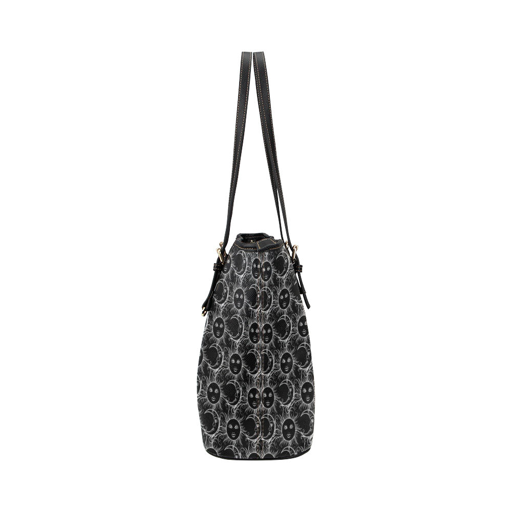 Sun Moon White Design Themed Print Leather Tote Bag