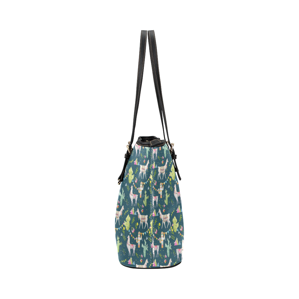 Llama with Cactus Design Print Leather Tote Bag