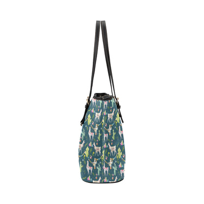 Llama with Cactus Design Print Leather Tote Bag
