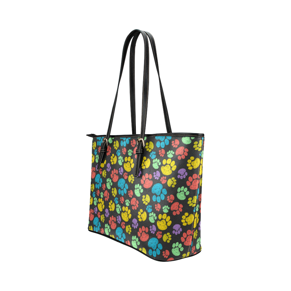 Paw Colorful Print Leather Tote Bag