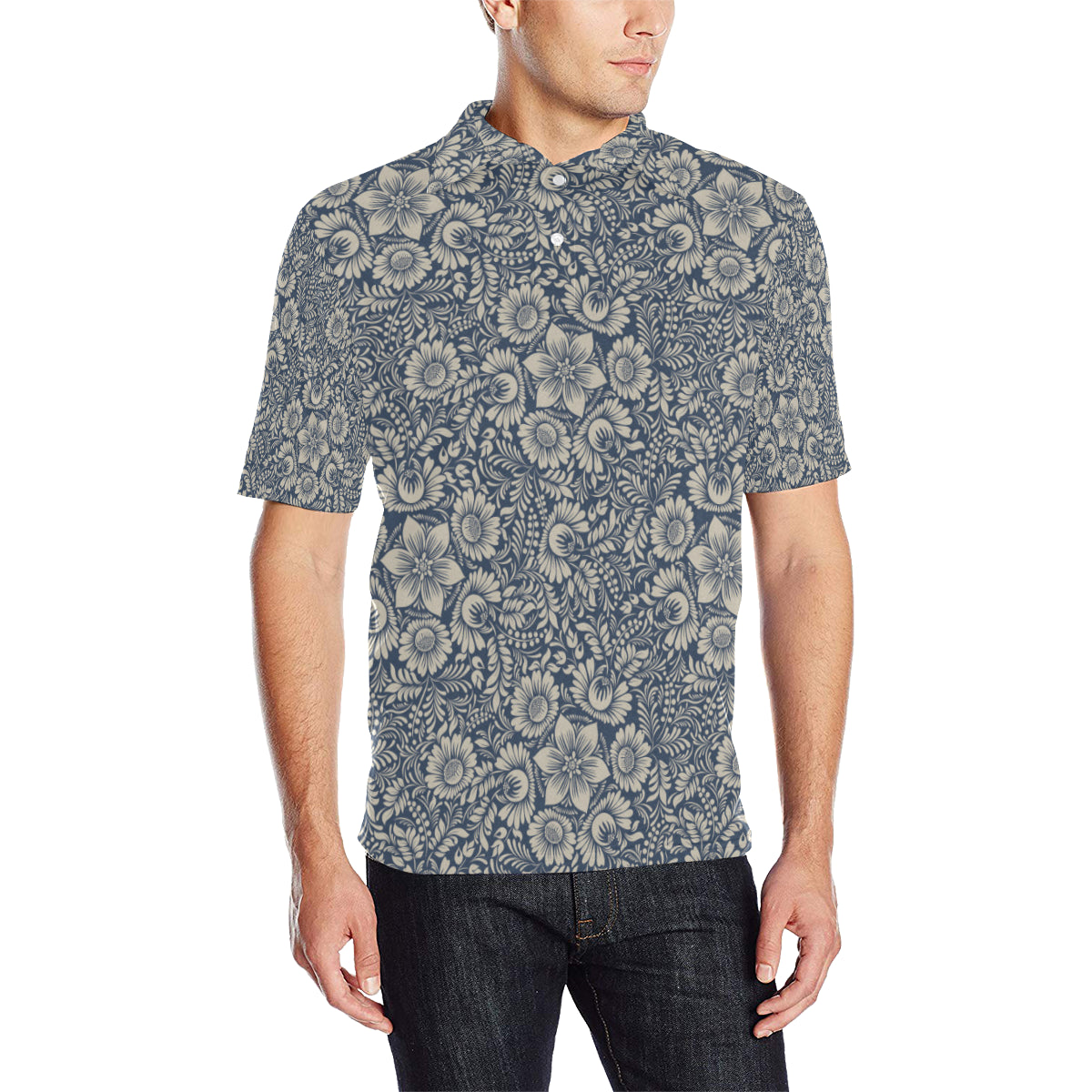 Elegant Floral Print Pattern Men Polo Shirt