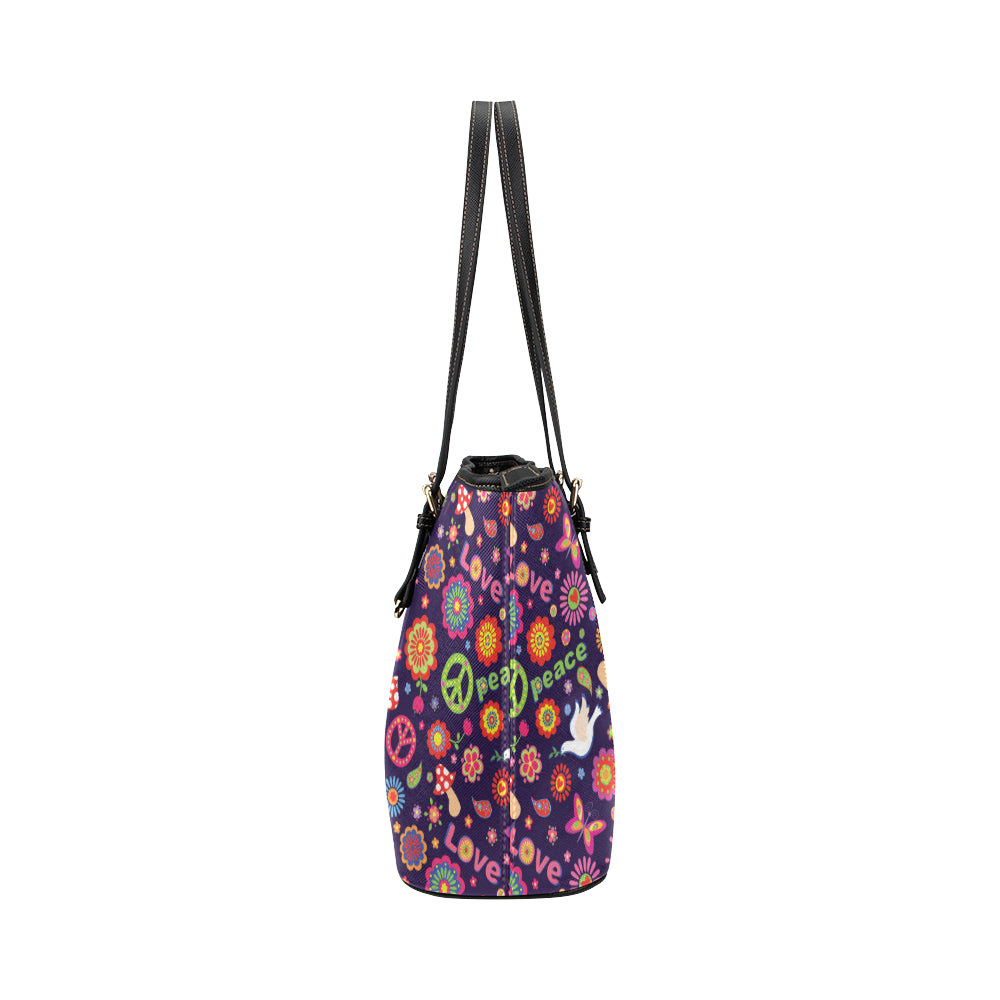 Flower Power Peace Design Print Leather Tote Bag