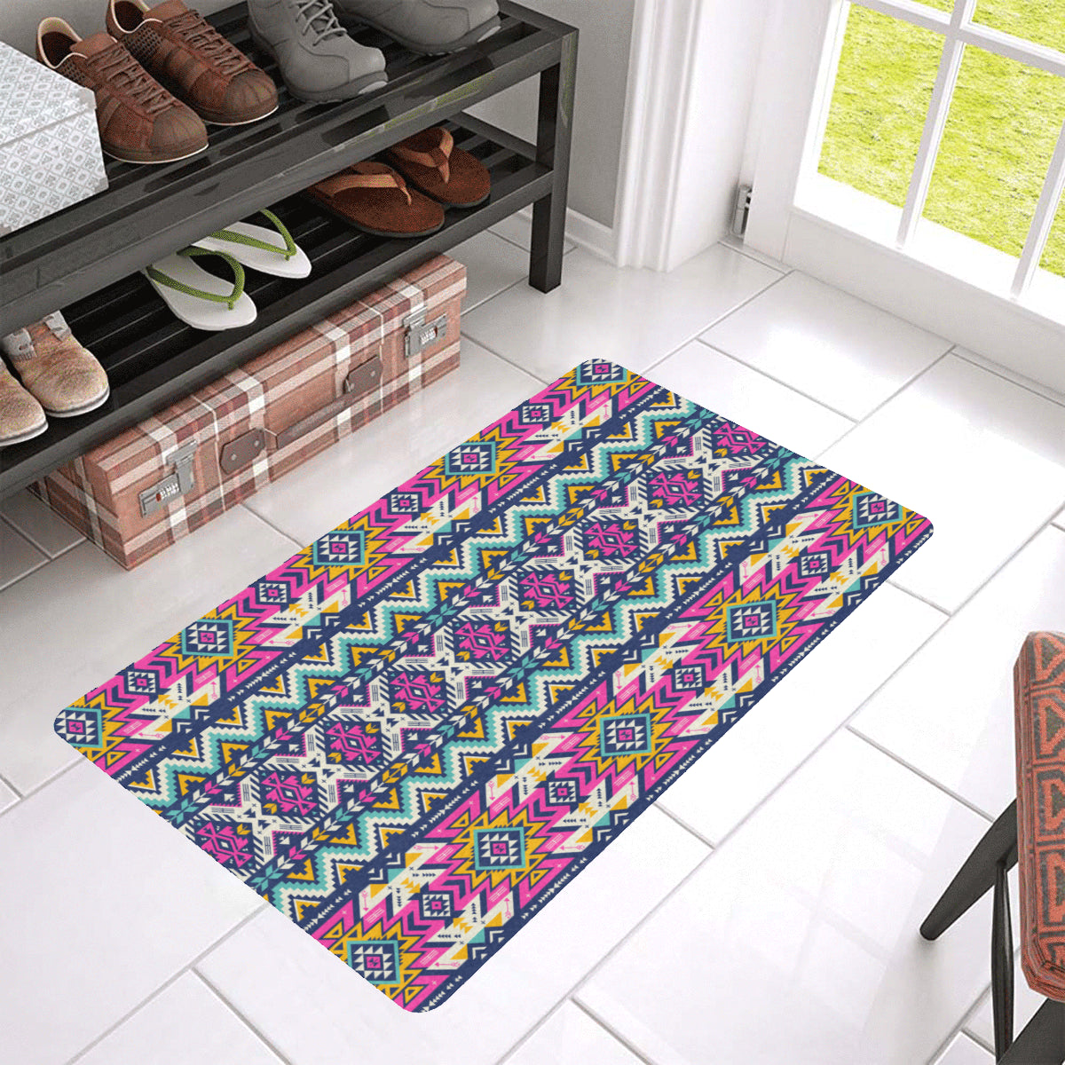 Aztec Pink Geometric Print Pattern Rubber Doormat
