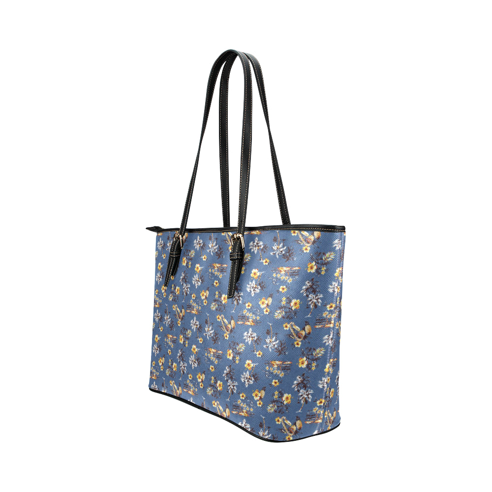 Hawaiian Flower Blue Print Leather Tote Bag