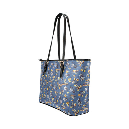 Hawaiian Flower Blue Print Leather Tote Bag