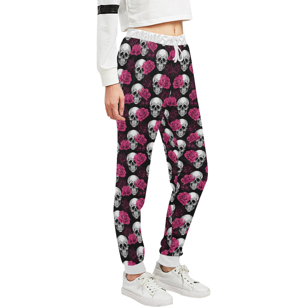 Pink Rose Skull Themed Print Unisex Sweatpants