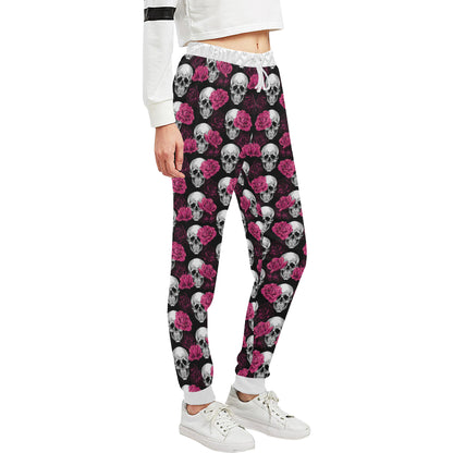 Pink Rose Skull Themed Print Unisex Sweatpants