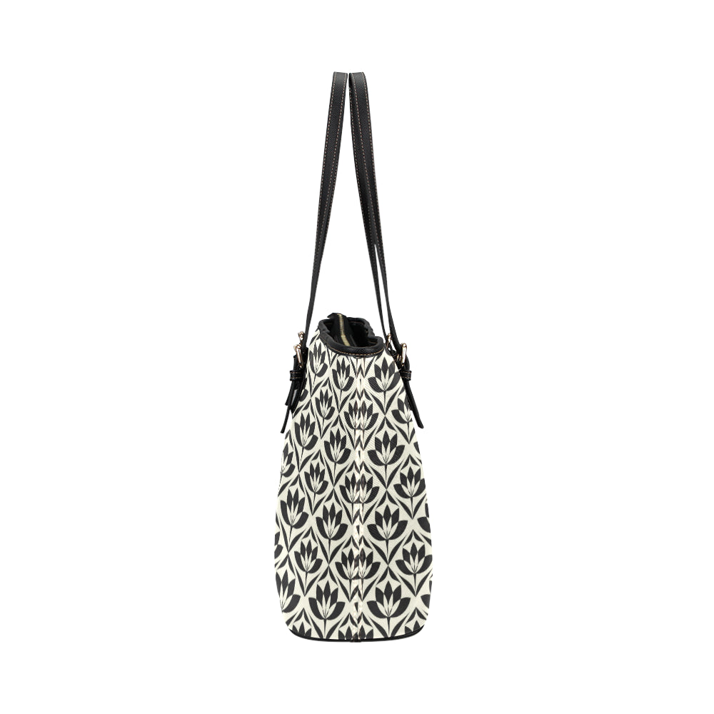 Lotus Pattern Print Leather Tote Bag